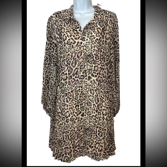 Nine West Dresses & Skirts - Nine West Pink Brown Cheetah Print Sheer Long Sleeve Knee Length Dress Sz Large
